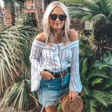 Leith White And Navy Stripped Off The Shoulder Long Bell Sleeve Button Up Top- Size S