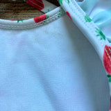The Oaks Strawberry Print Rash Guard Exposed Ruffle Back One Piece- Size 4 (see notes)