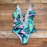 No Brand Palm Print Deep V Lace Trim Exposed Back One Piece- Size M