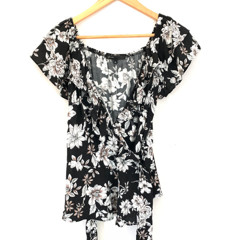 Gibson Black Floral Wrap Blouse with Ruffle- Size XS