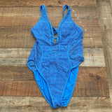 Becca Blue Crochet Halter Plunge Neck with Tie Back One Piece- Size M (sold out online)