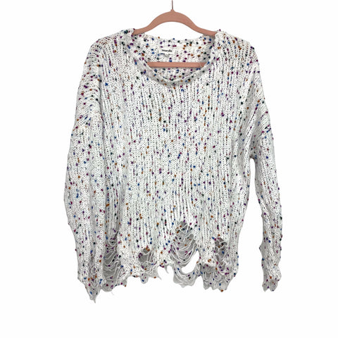 Amaryllis White Confetti Distressed Hem Open Knit Sweater- Size M