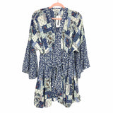 Impressions Blue Floral/Paisley Printed Button Up Bell Sleeve Belted Dress NWT- Size S