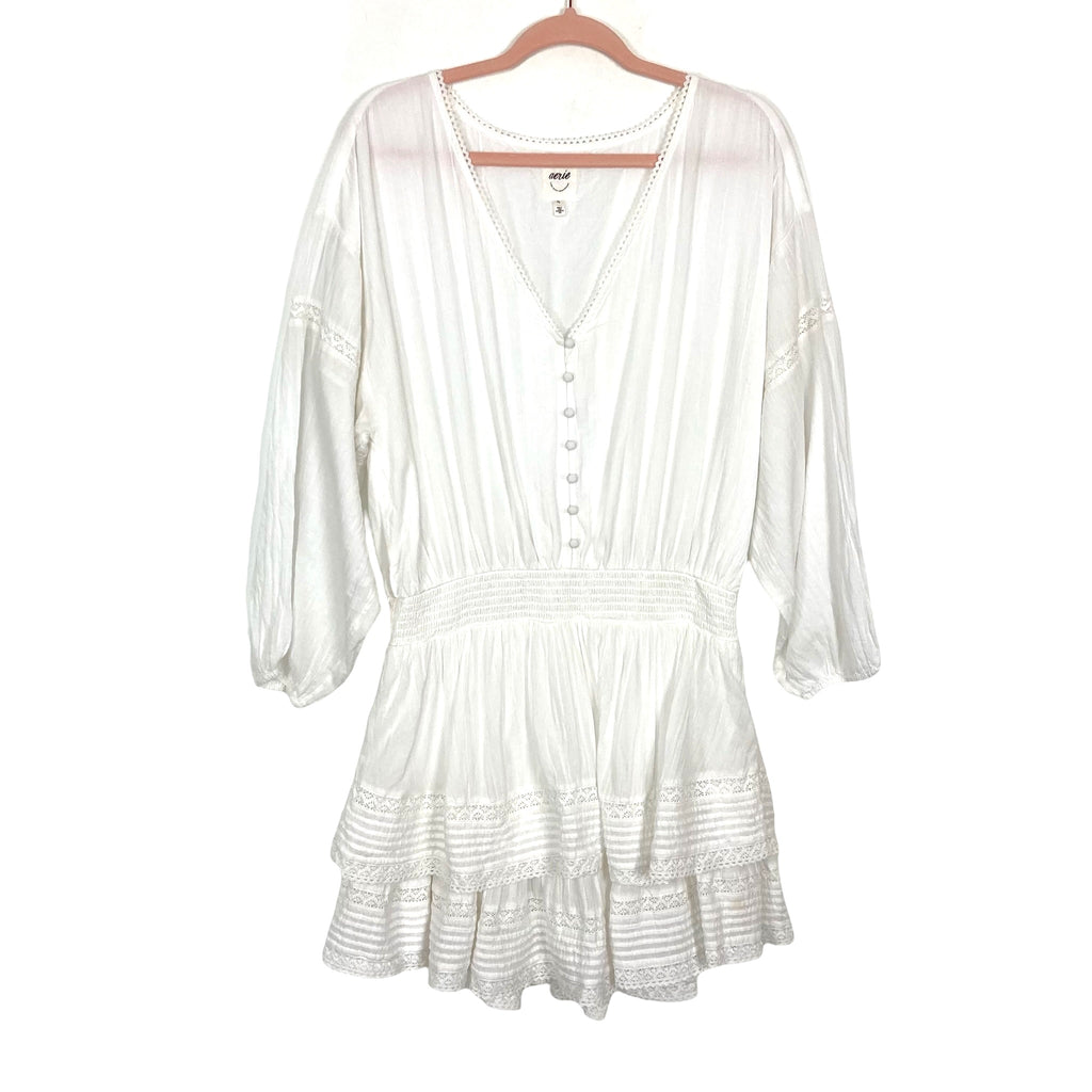 Aerie White Button Front Smocked Waist with Tiered Ruffle Lace Hem Min – The Saved Collection Aerie White Button Front Smocked Waist with Tiered Ruffle Lace Hem Min – The Saved Collection