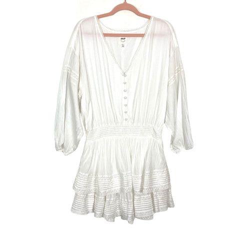 Aerie White Button Front Smocked Waist with Tiered Ruffle Lace Hem Min The Saved Collection Aerie White Button Front Smocked Waist with Tiered Ruffle Lace Hem Min The Saved Collection