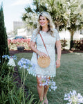Eliza J Blue/Nude Crochet Lace Overlay Dress- Size 14