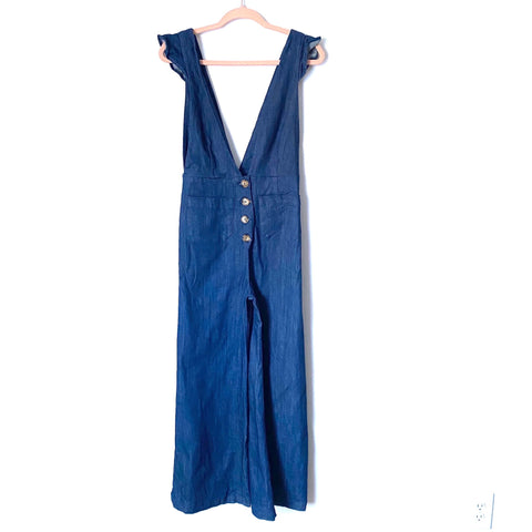Clayton Denim Button Up Plunge Cropped Jumpsuit- Size M (sold out online)