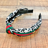 No Brand Black/Gray Leopard Print with Green/Red Bee Ribbon Top Knot Headband
