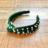 No Brand Green Velvet with Pearls Knot Headband