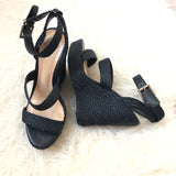 Vince Camuto Black Ankle Strap Wicker Platform Wedges- Size 8.5