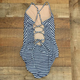 Albion White/Navy Blue Stripe Lace Up Back One Piece Swimsuit- Size S
