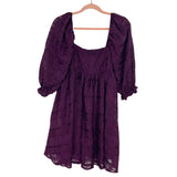 Storia Eggplant Square Neck Puff Sheer Sleeve Dress- Size S