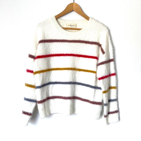Molly Green White Fuzzy Sweater with Colorful Stripes- Size S/M