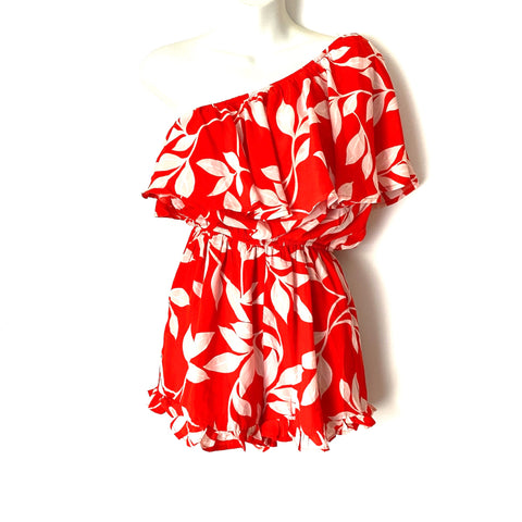 Pink Lily Red Tropical One Shoulder Romper- Size S