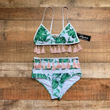Stylish Swimwear Palm Print Tassel Trim Bikini Set NWT- Size M (sold as set)