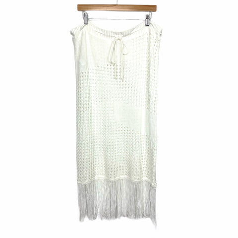 Amaryllis White Sheer Crochet Drawstring Fringe Hem Skirt- Size XL/1X (sold out online)