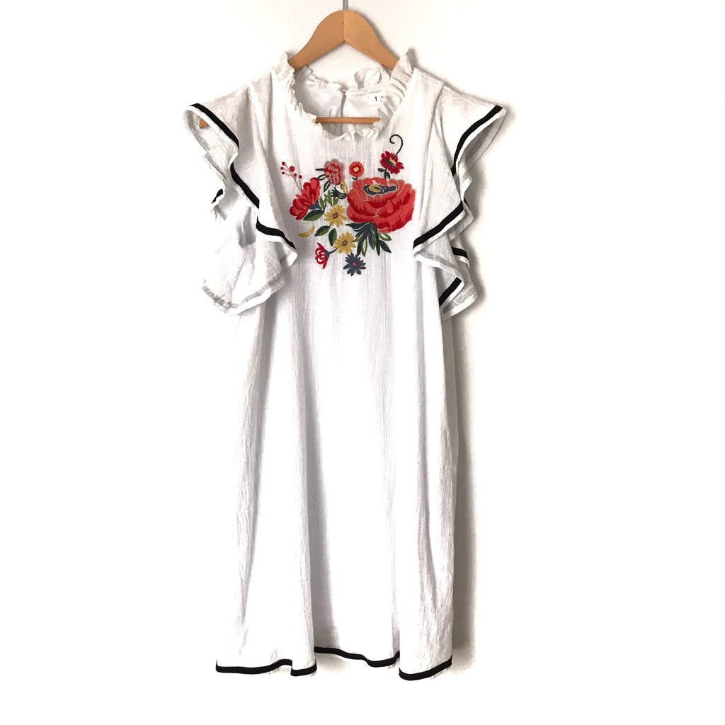 THML White Floral Embroidered Ruffle Sleeve Dress- Size M  The Saved  Collection