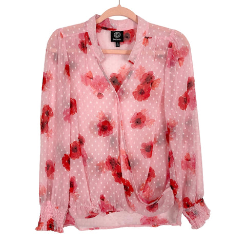 Bobeau Pink Sheer Floral Swiss Dot Surplice Blouse- Size S