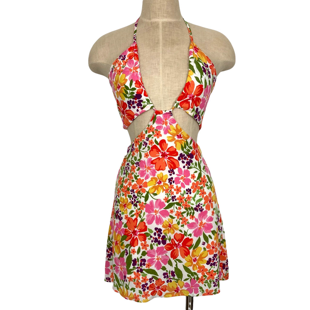 Sky to Moon Pink/Yellow/Orange Floral Side and Back Cut Outs Halter Dress-  Size M