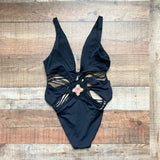 Isabella Rose Black with Front and Back Strappy Cut Outs and Crochet Flower Detail Padded One Piece- Size L (see notes)