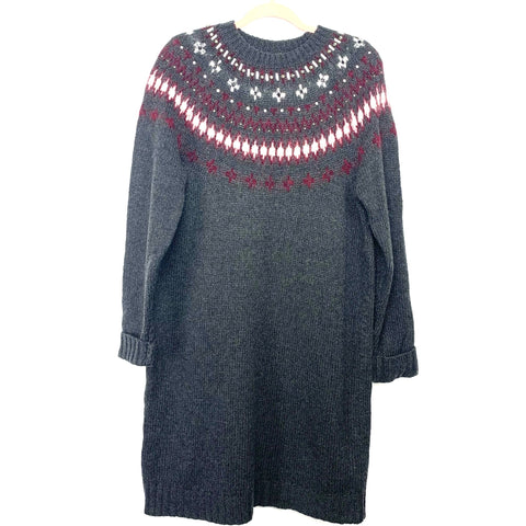 J Crew Grey Wool Blend Printed Beaded Sweater Dress- Size L