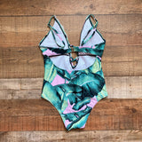 No Brand Palm Print Deep V Lace Trim Exposed Back One Piece- Size M