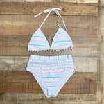 Pink Lily White with Pastel Stripes Mesh and Poms Padded Triangle Bikini Top- Size L (we have matching bottoms)