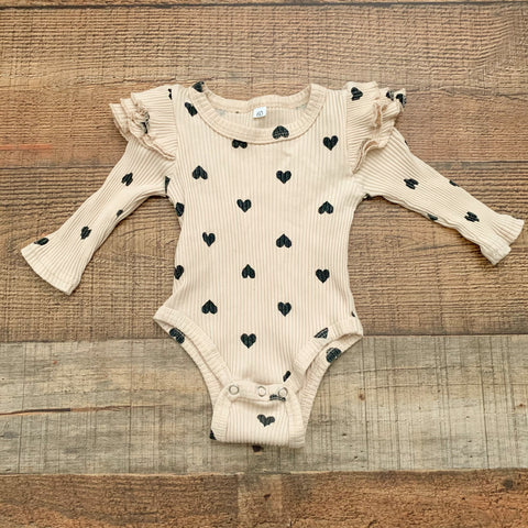 No Brand Tan Ribbed Heart Prink Ruffle Long Sleeve Onesie- Size ~0-3M (see notes)