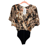 Peach Love Brown Leopard Metallic Print Cross Front Bodysuit NWT- Size S