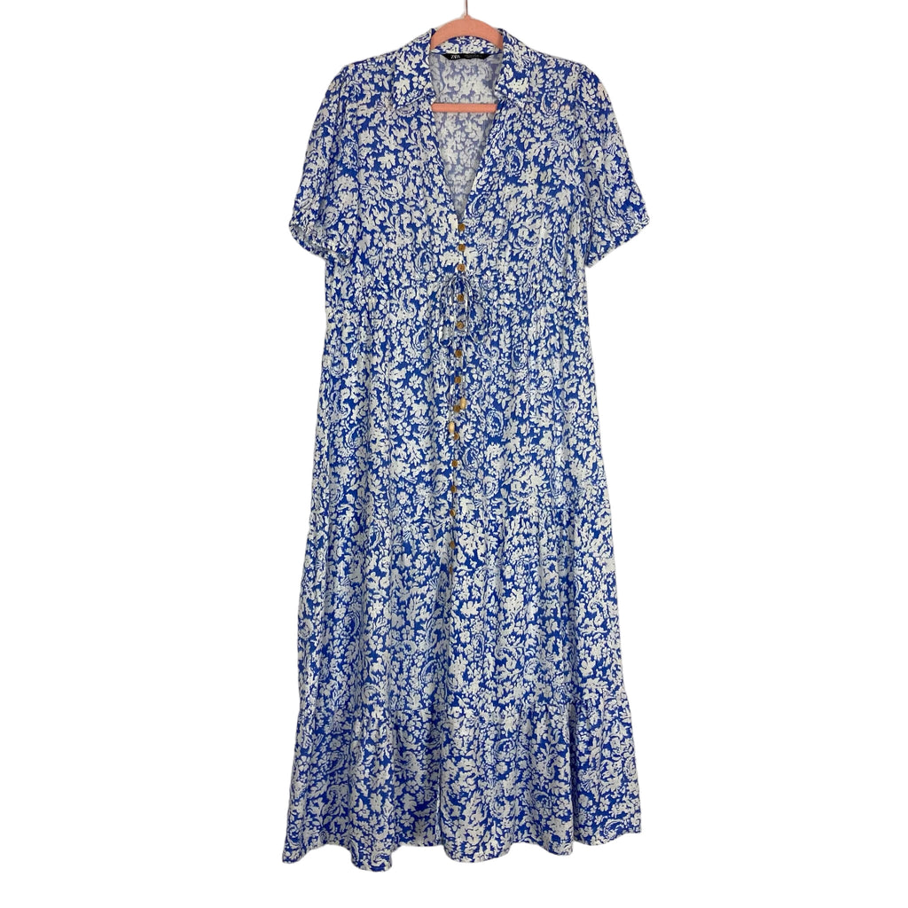 Zara Blue/White Floral Linen Blend Button Front with Tie Midi Dress- S The Saved Collection Zara Blue/White Floral Linen Blend Button Front with Tie Midi Dress- S The Saved Collection