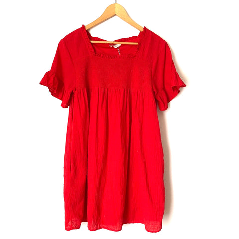 Entro Red Smocked Ruffle Sleeve Swiss Dot Dress- Size S