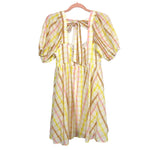 Mable Pink/Yellow/Orange Striped Puff Sleeve Tie Back Dress NWT- Size M