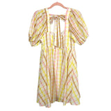 Mable Pink/Yellow/Orange Striped Puff Sleeve Tie Back Dress NWT- Size M
