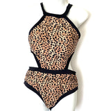 Beach Joy Leopard Print One Piece with Side Cut Outs and Tie Back- Size M