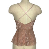 Express Rose Gold Sequins V-Neck Peplum Strappy Back Tank- Size S