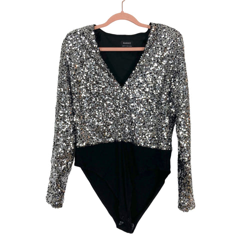 River Island Silver Sequins Exposed Back Bodysuit NWT- Size 18 (US 14)