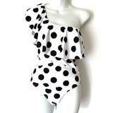 DixPerfect Black & White Polka Dot One Shoulder Cut Out Side One Piece- Size M