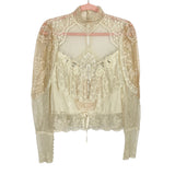 No Brand Cream Mesh and Lace with Beaded Detail and Ribbon Tie Mock Neck Top- Size ~XS (see notes)