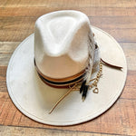 Glitzy Bella Cream Gold Chain/Feather Faux Suede Hat NWT