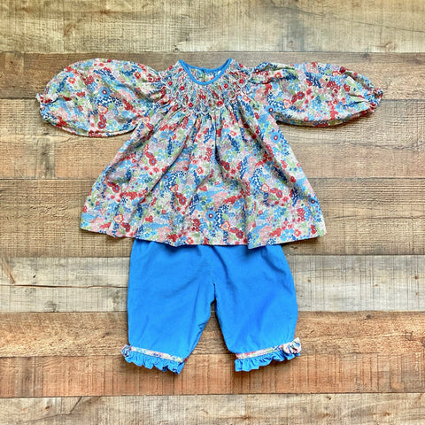 Petit Ami Smocked Floral Top with Blue Corduroy Pants Set- Size ~12-18M (sold as set, see notes)