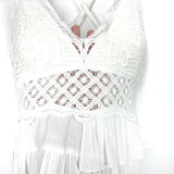 La Miel White Crochet Top Ruffle Criss Cross Back Tank Top- Size S