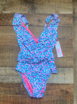 Lilly Pulitzer Blue and Pink Printed Ruffle Padded One Piece NWT- Size 2