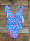 Lilly Pulitzer Blue and Pink Printed Ruffle Padded One Piece NWT- Size 2