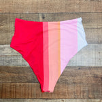 Beach Joy Red/Coral/Peach/Pink Striped Bikini Bottoms- Size L (we have matching top)