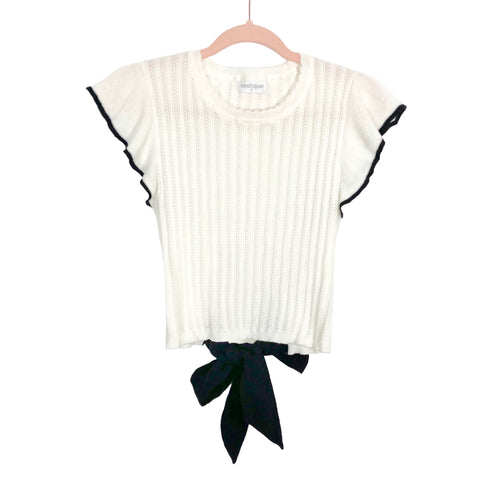 Vestique White with Black Trim Flutter Sleeves and Lower Back Cut Out and Tie Sweater- Size S