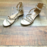 Cecconello Tan Silver Studded Ankle Wrap Zip Back Sandals- Size 7