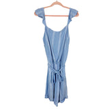 Amaryllis Blue Crush Ruffle Strap Rolled Hem with Tie Belt Linen Romper- Size 1X