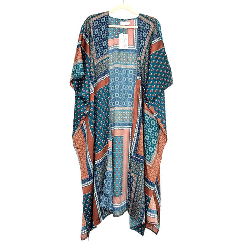 Pink Lily Brown/Green/Blue Print Kimono NWT- Size M