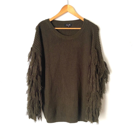 Amaryllis Green Fringe Sleeve Knit Sweater- Size S