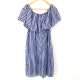 J Crew Blue and White Striped Ruffle Off the Shoulder Beach Dress- Size M (see notes)